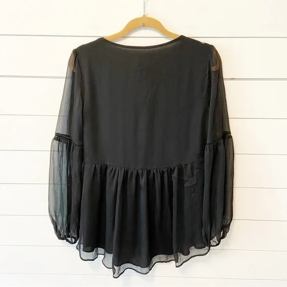 Catherine MaLandrino | Black Sheer Embroidered Bell Sleeve Blouse Size Medium - Picture 3 of 11